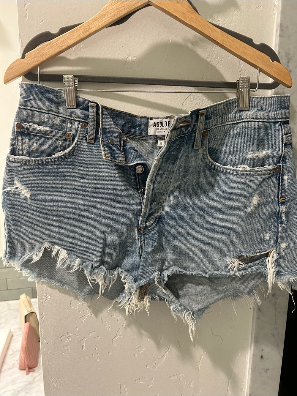 Agolde Light Wash Distressed Denim Parker Cutoff Shorts